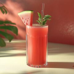 Refreshing glass of watermelon juice with a slice of watermelon and mint garnish. Vibrant and inviting summer drink.