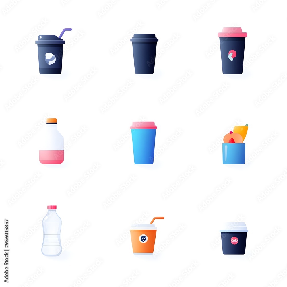 Poster flat gradient icon set of various beverages including coffee wine and water bottles