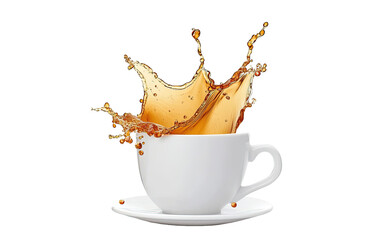 Liquid cofee spillingsplashing out from a white cupmu on transparent background, png	