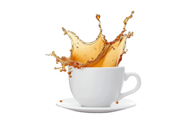 Liquid cofee spillingsplashing out from a white cupmu on transparent background, png	