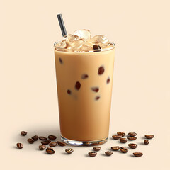 a glass of fresh iced coffee with coffee beans