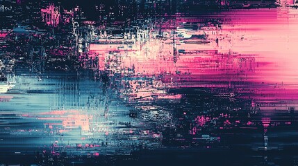 Abstract digital glitch art with pink and blue hues.