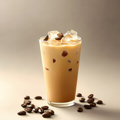 a glass of fresh iced coffee with coffee beans