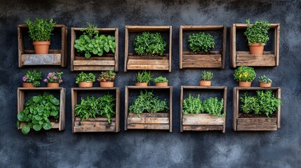 City apartment balcony transformed into a lush green space with a variety of edible plants growing in containers and vertical planters promoting the idea of home-grown food in urban settings Stock