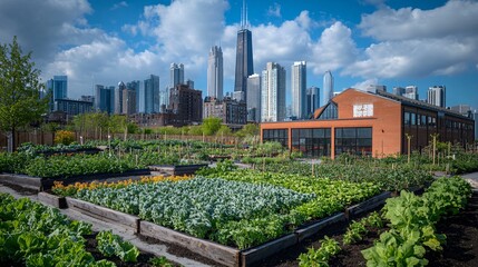 Fototapeta premium Urban rooftop farm with rows of vegetables and herbs growing in raised beds and planters city buildings in the background showcasing the integration of agriculture and urban life Stock Photo with
