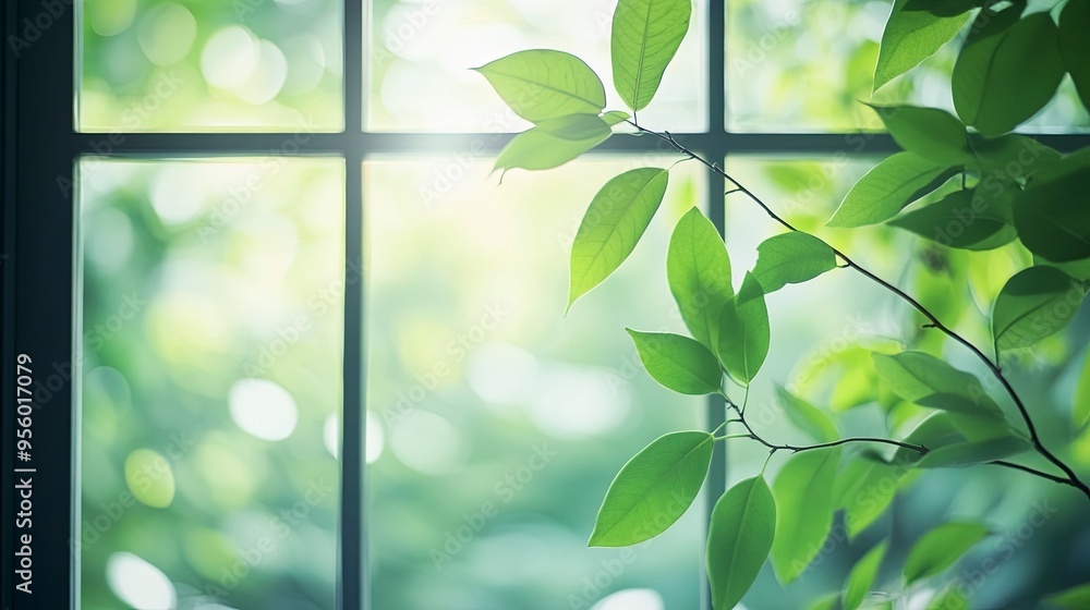 Poster blur background of close up of a window with green leaves outside. window view of tree leave and blu
