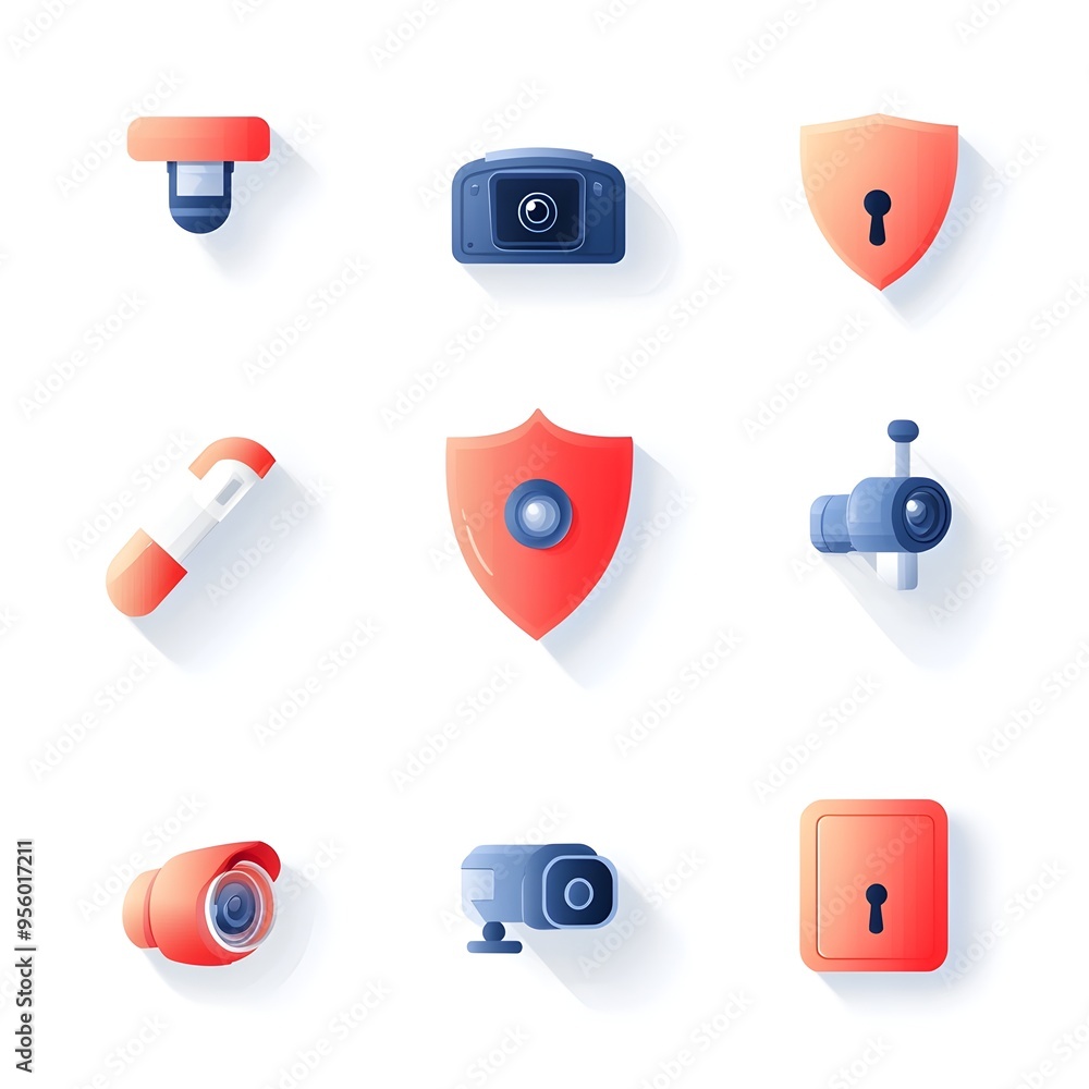 Poster flat gradient security icon set featuring lock shield and cctv elements