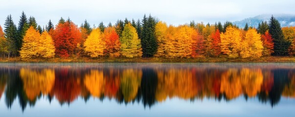 A serene lake reflecting the vibrant autumn colors of surrounding trees, autumn lake, reflection, vibrant colors