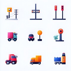 Flat Gradient Transportation Infrastructure Icon Set With Bridge Road and Traffic Light