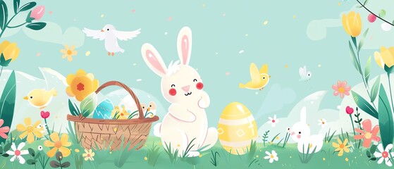 Easter bunnies, Easter flowers, colorful eggs, Easter baskets, chicks, cute lambs, flat design illustration