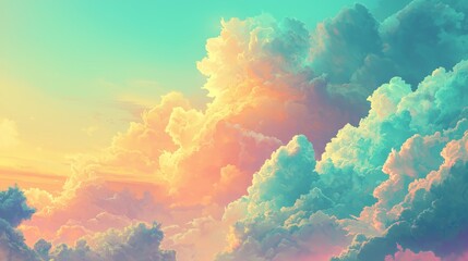 A beautiful painting showcasing a vibrant and colorful cloudy sky at sunset