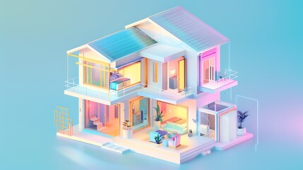 Cyberpunk-style isometric illustration of a two-story house, with pastel colors and sections of walls and roof opened to reveal the interior.