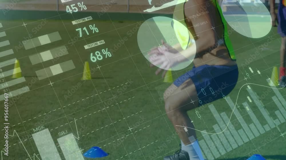 Poster running athlete on field with data analytics animation over performance metrics