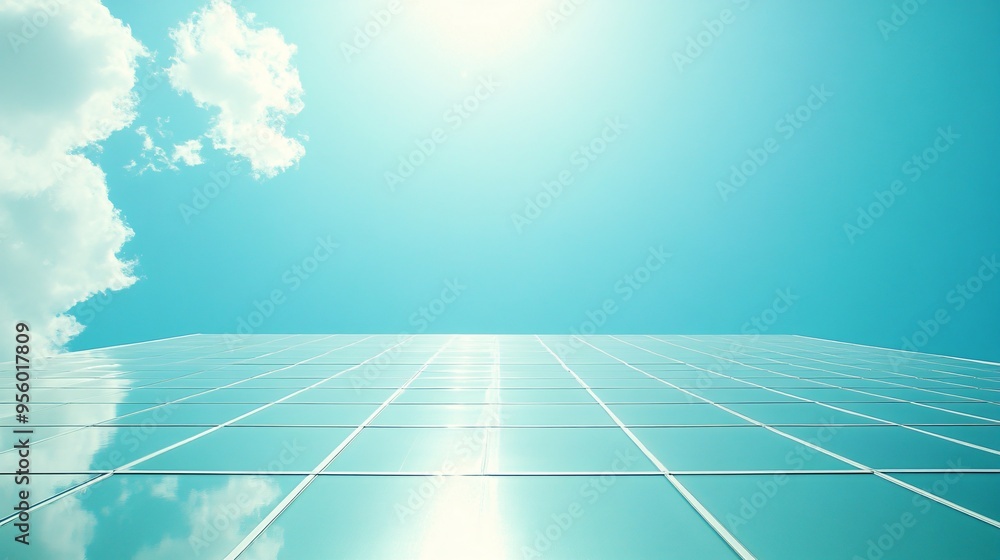 Poster solar panels installed on the roof of a modern suburban home with sunlight reflecting off the panels