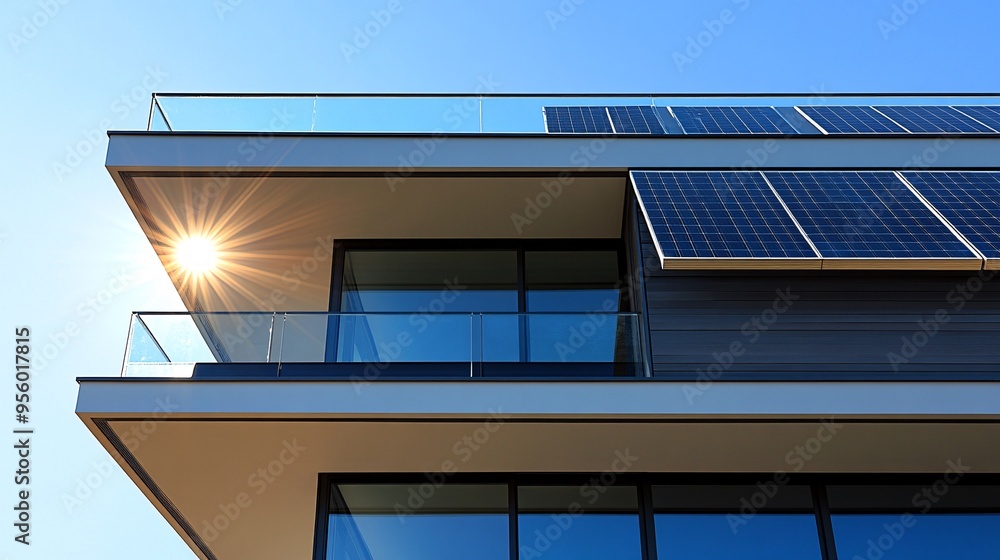 Poster solar panels installed on the roof of a modern suburban home with sunlight reflecting off the panels