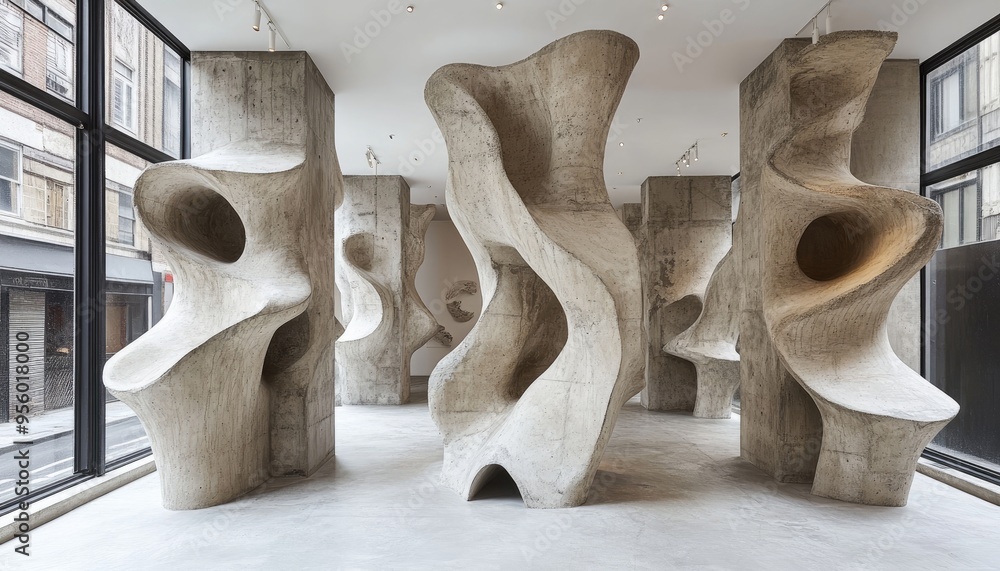 Poster abstract concrete sculpture in a modern gallery. this image captures the unique design of a contempo