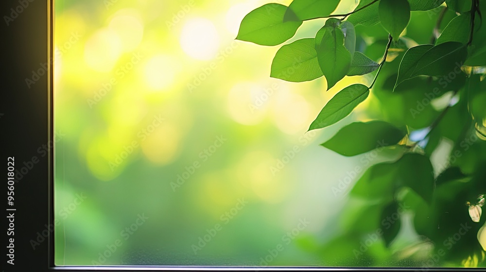 Poster blur background of close up of a window with green leaves outside. window view of tree leave and blu