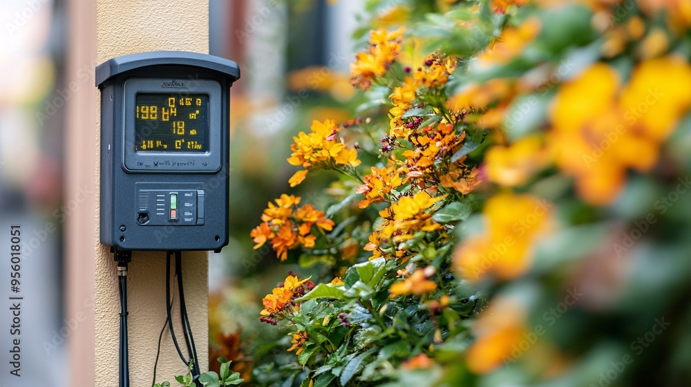 Poster close-up of a smart energy meter display inside a home showing real-time energy production from sola