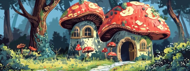 Obraz premium Storybook-style mushroom house using a soft, round brush.