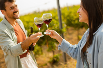 Obraz premium A joyful couple enjoying wine tasting together in a sunny vineyard during the golden hour, surrounded by lush green grapevines