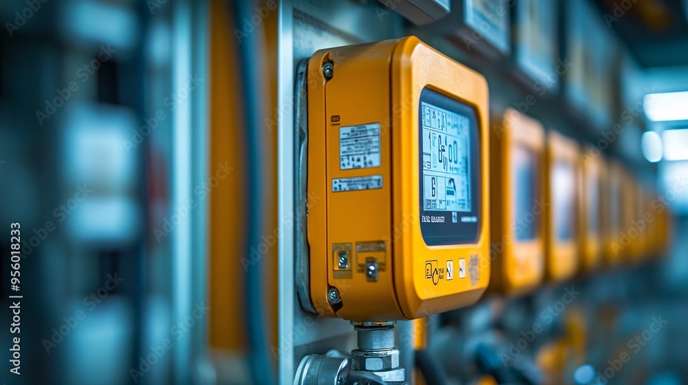 Poster Close-up of a smart energy meter display inside a home showing real-time energy production from solar panels promoting awareness of energy consumption and efficiency in renewable energy systems Stock