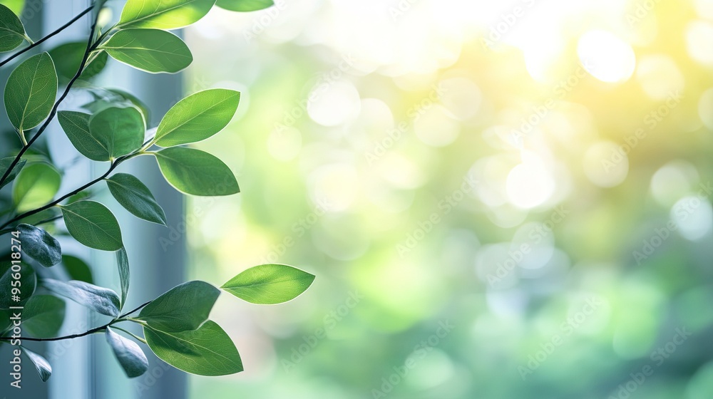 Poster blur background of close up of a window with green leaves outside. window view of tree leave and blu
