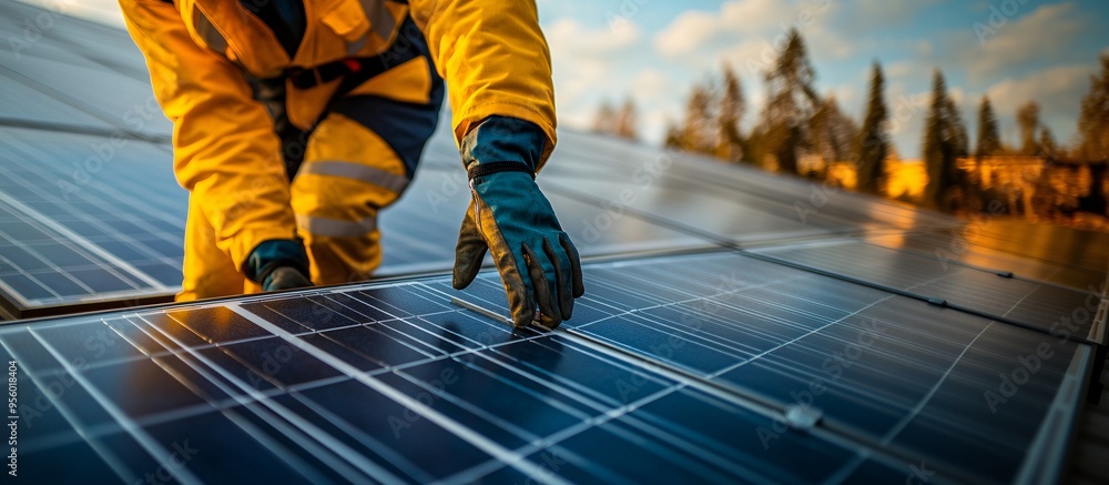 Poster homeowner installing solar panels on a rooftop using safety gear and tools with the sun shining brig