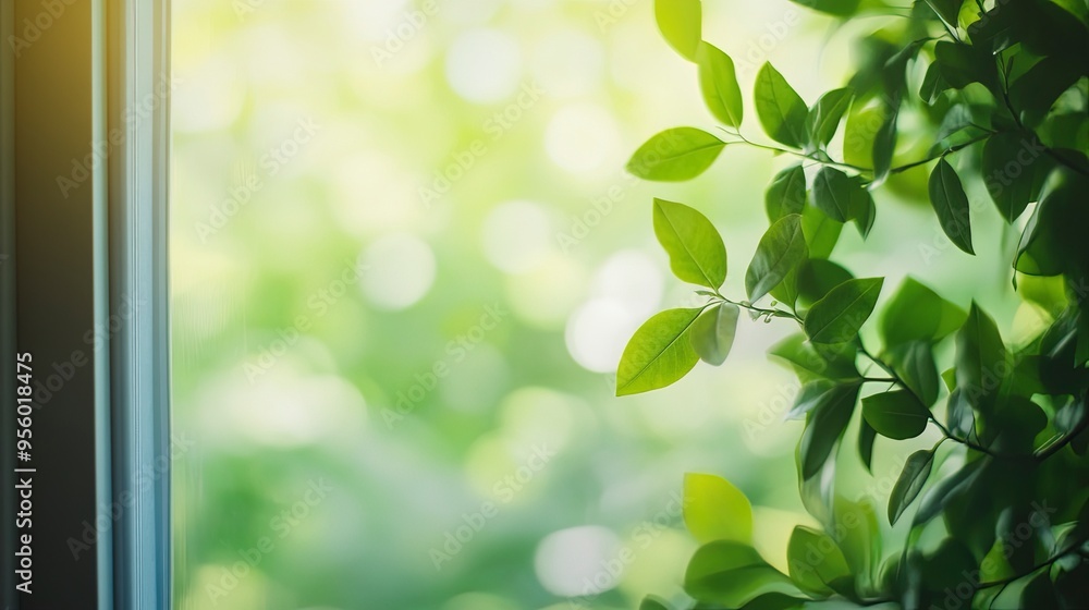 Poster blur background of close up of a window with green leaves outside. window view of tree leave and blu