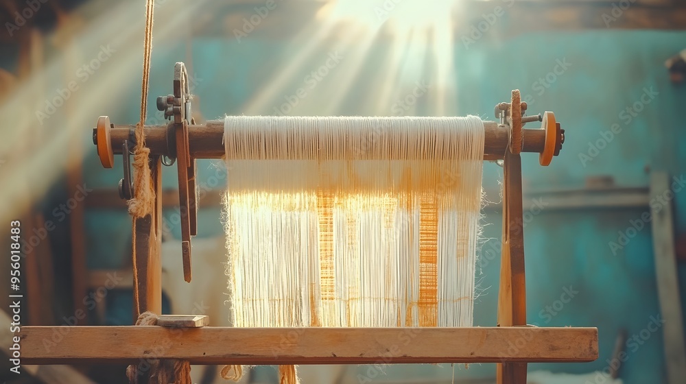 Poster handwoven textile draped on loom with sunlight streaming through window
