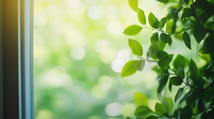 Naklejka premium Blur background of close up of a window with green leaves outside. Window view of tree leave and blurring background.