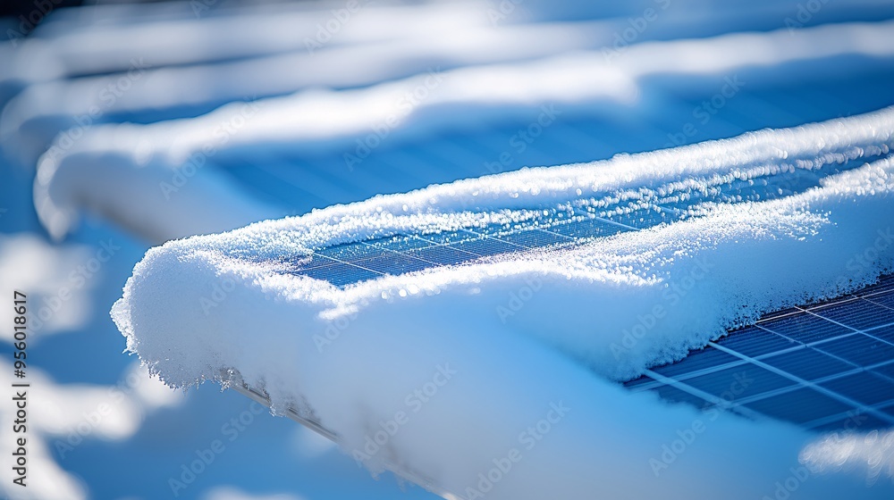 Poster a close-up of solar panels covered with a light layer of snow on a winter day showing the year-round