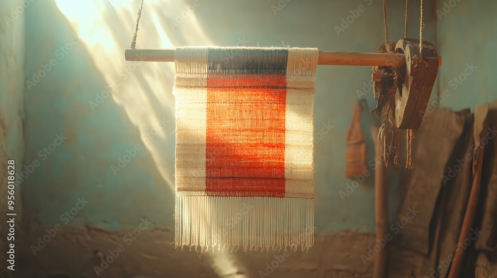Poster Handwoven Textile Draped Over Loom with Sunlight Filtering Through Window