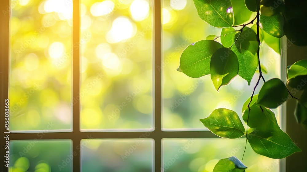 Poster blur background of close up of a window with green leaves outside. window view of tree leave and blu