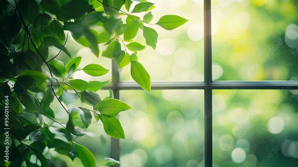 Poster blur background of close up of a window with green leaves outside. window view of tree leave and blu