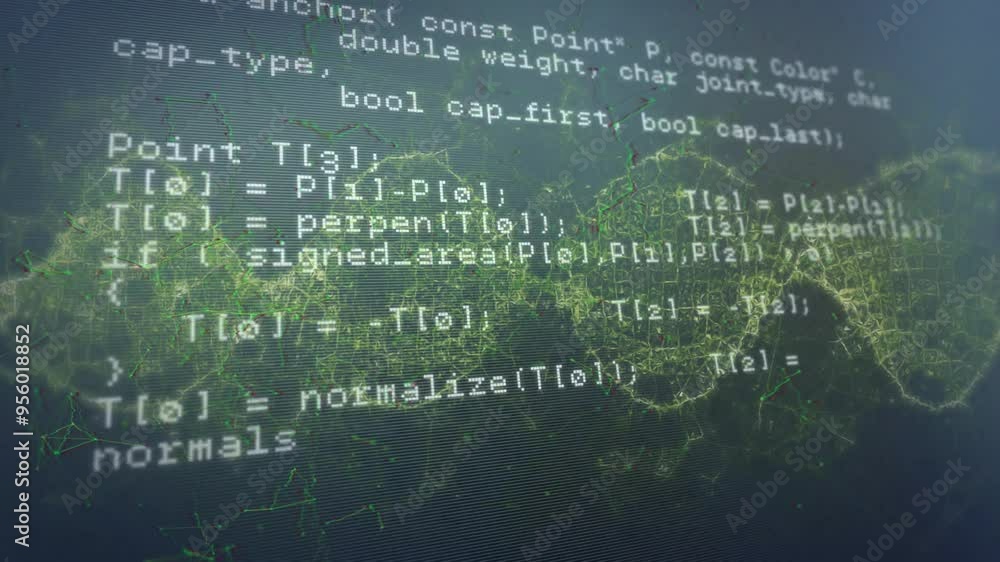 Poster Programming code and neural network animation over green digital connections