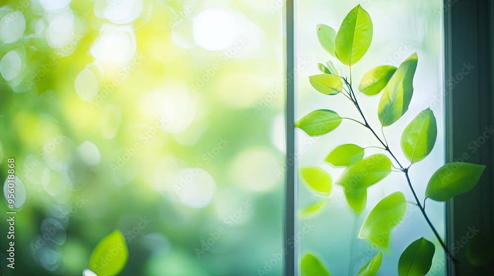 Poster blur background of close up of a window with green leaves outside. window view of tree leave and blu
