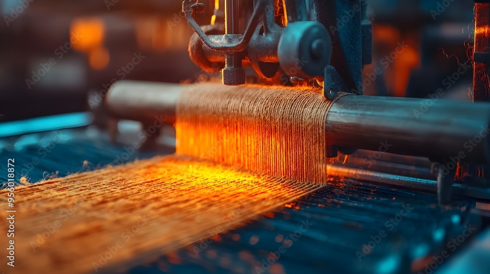 Poster intricately woven textile pattern on loom with focused lighting