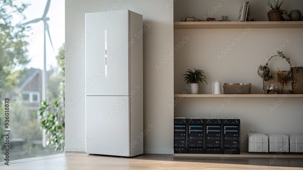 Poster detailed view of a home's energy storage system in the basement with battery units connected to sola