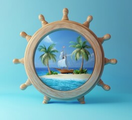 A wooden steering wheel with palm trees on a beach inside