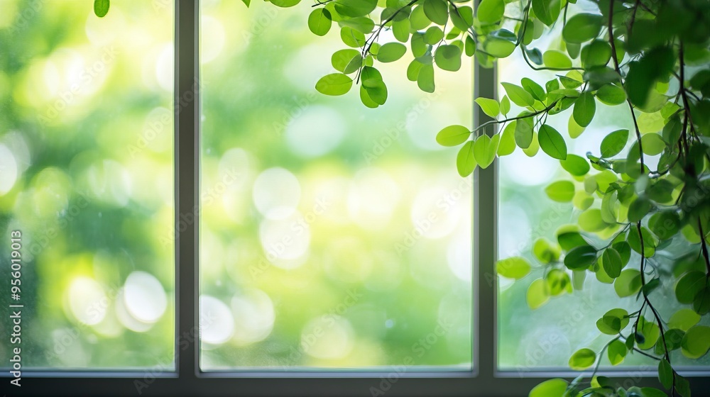 Poster blur background of close up of a window with green leaves outside. window view of tree leave and blu