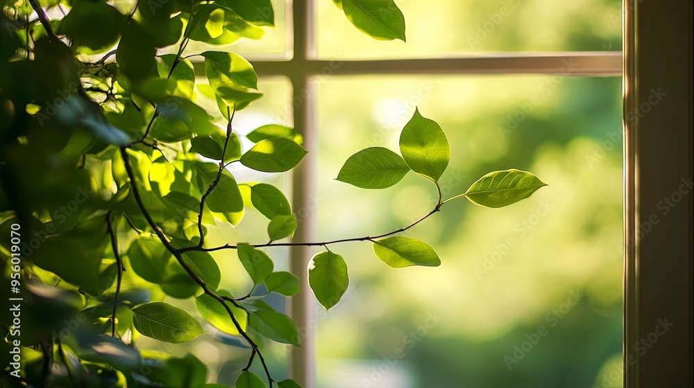 Poster blur background of close up of a window with green leaves outside. window view of tree leave and blu