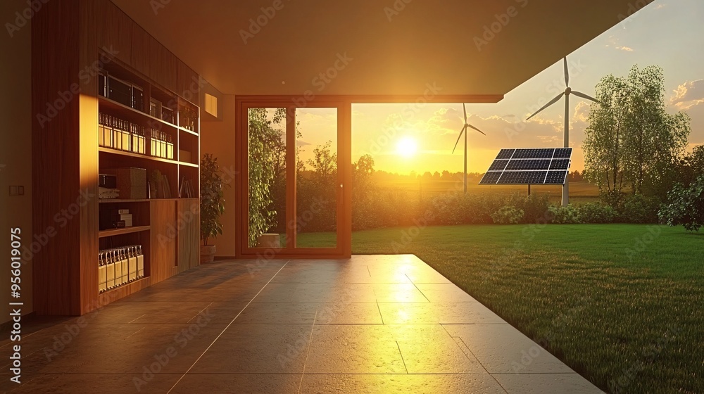 Poster detailed view of a home's energy storage system in the basement with battery units connected to sola