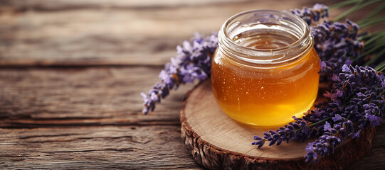 Jar with honey and fresh lavender