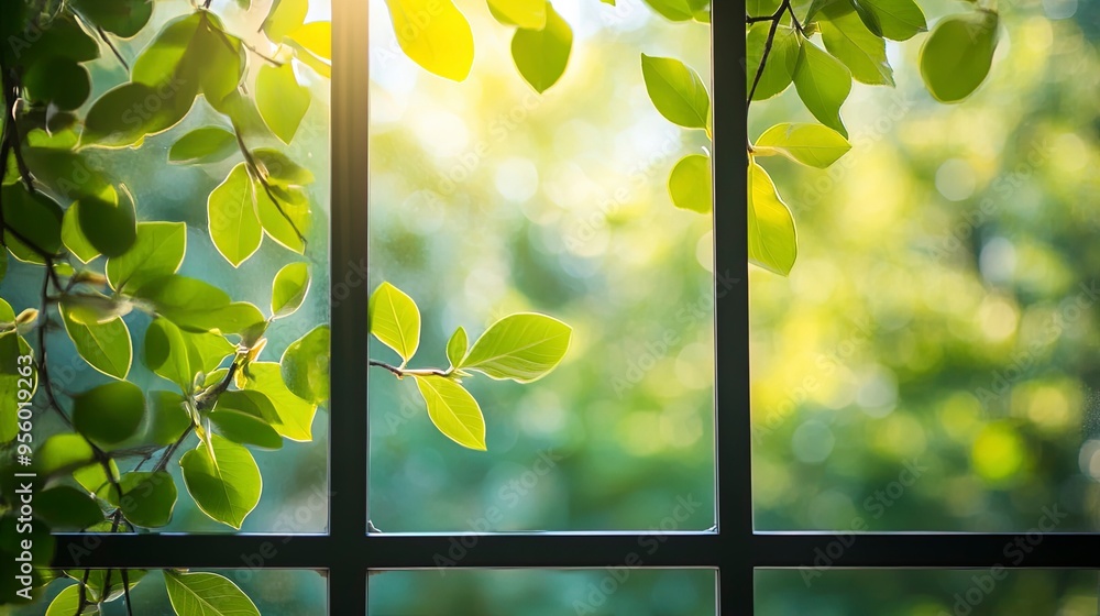 Poster blur background of close up of a window with green leaves outside. window view of tree leave and blu