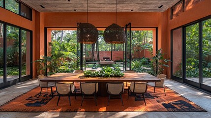 Fototapeta premium Dining room showcases a large wooden table crafted from sustainable materials surrounded by chairs with natural fabric cushions a centerpiece of potted herbs not only decorates but also serves as