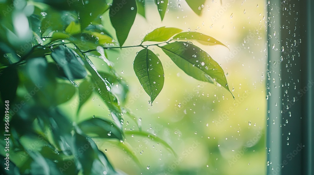 Poster blur background of close up of a window with green leaves outside. window view of tree leave and blu