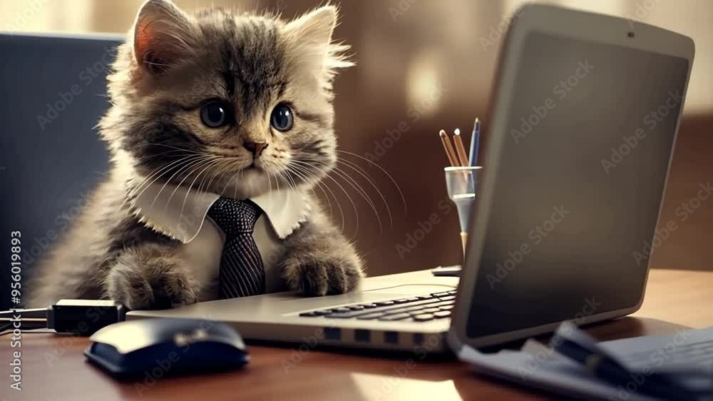 Aufkleber cat in a tie working at a desk with a laptop during office hours generative ai