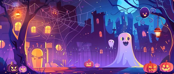 Spider webs, Halloween party, costumes, cartoon monsters, flat design illustration