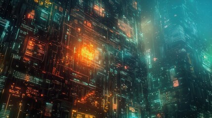 Fototapeta premium Futuristic Drones Building High-Tech Structure with Glowing Circuits in Cyberpunk Style - Dark Tones Digital Painting