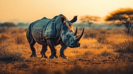 Fototapeta premium White Rhino in the African Savanna at Sunset